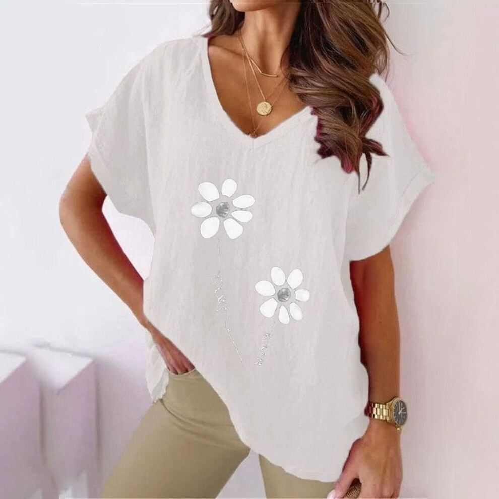 (2XL, white) Women's Casual V-Neck Cotton Linen T-Shirt with Plant Flower Print - Loose Fit, Short Sleeves, Summer Style