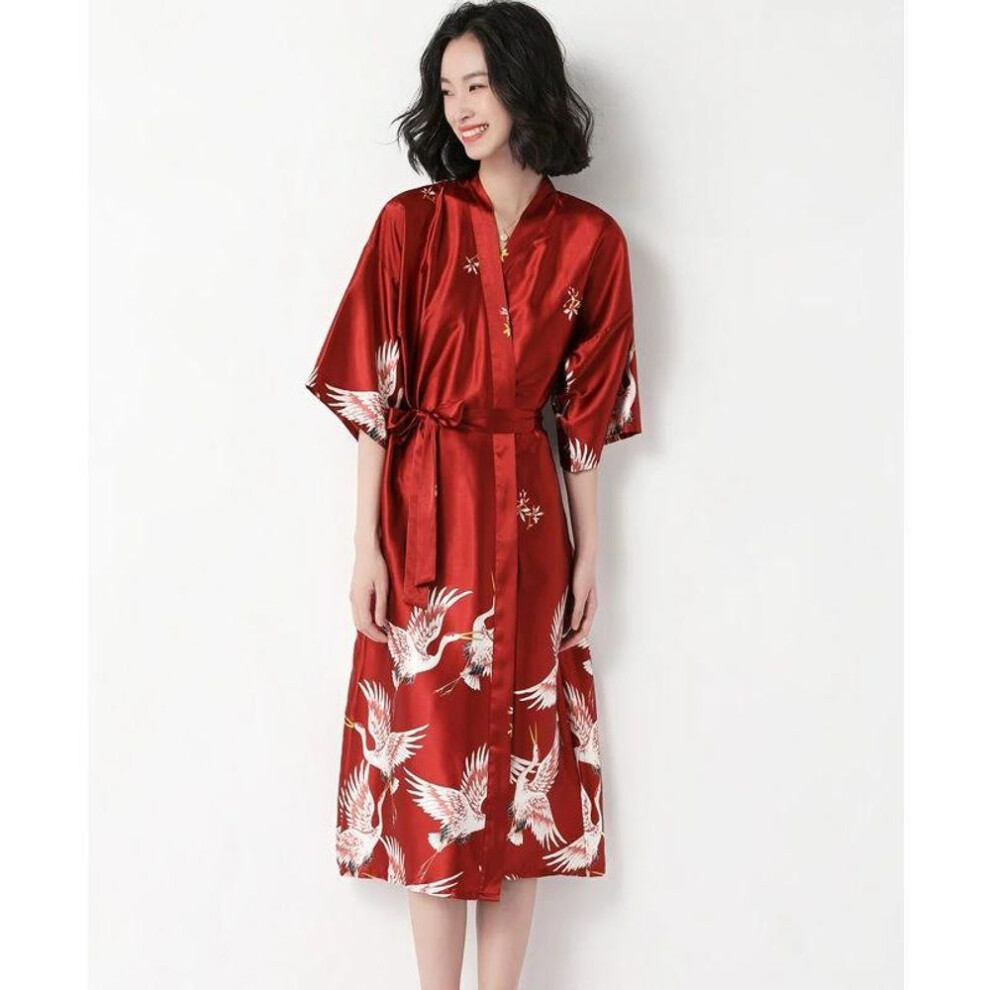 (L, wine red) Crane Nightgown Spring and Summer Sexy Bridal Dressing Gown Imitation Ice Silk Pajamas Wedding Gown Bathrobe Home Nightgown
