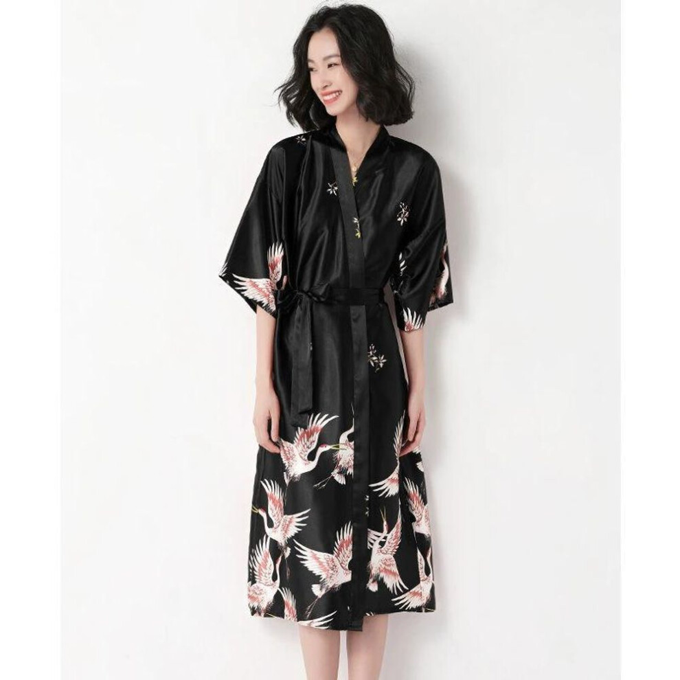 (XL, black) Crane Nightgown Spring and Summer Sexy Bridal Dressing Gown Imitation Ice Silk Pajamas Wedding Gown Bathrobe Home Nightgown