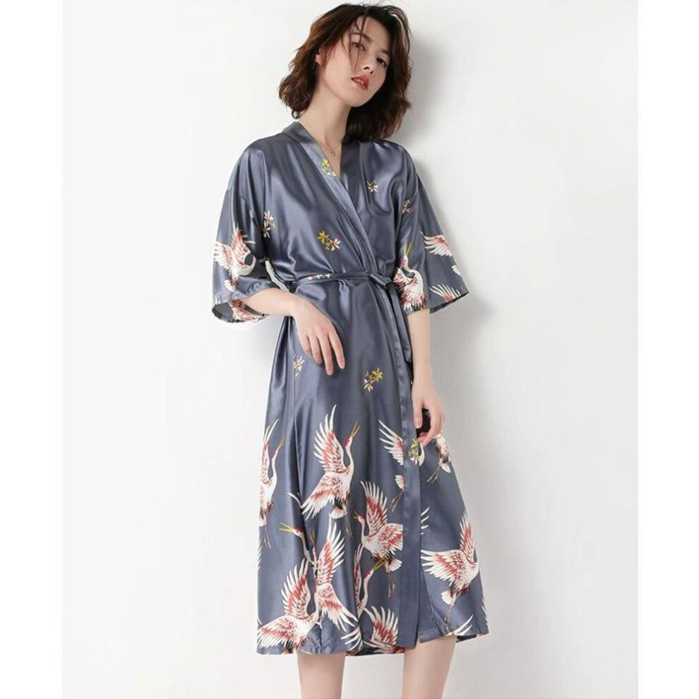 (XXL, grey) Crane Nightgown Spring and Summer Sexy Bridal Dressing Gown Imitation Ice Silk Pajamas Wedding Gown Bathrobe Home Nightgown