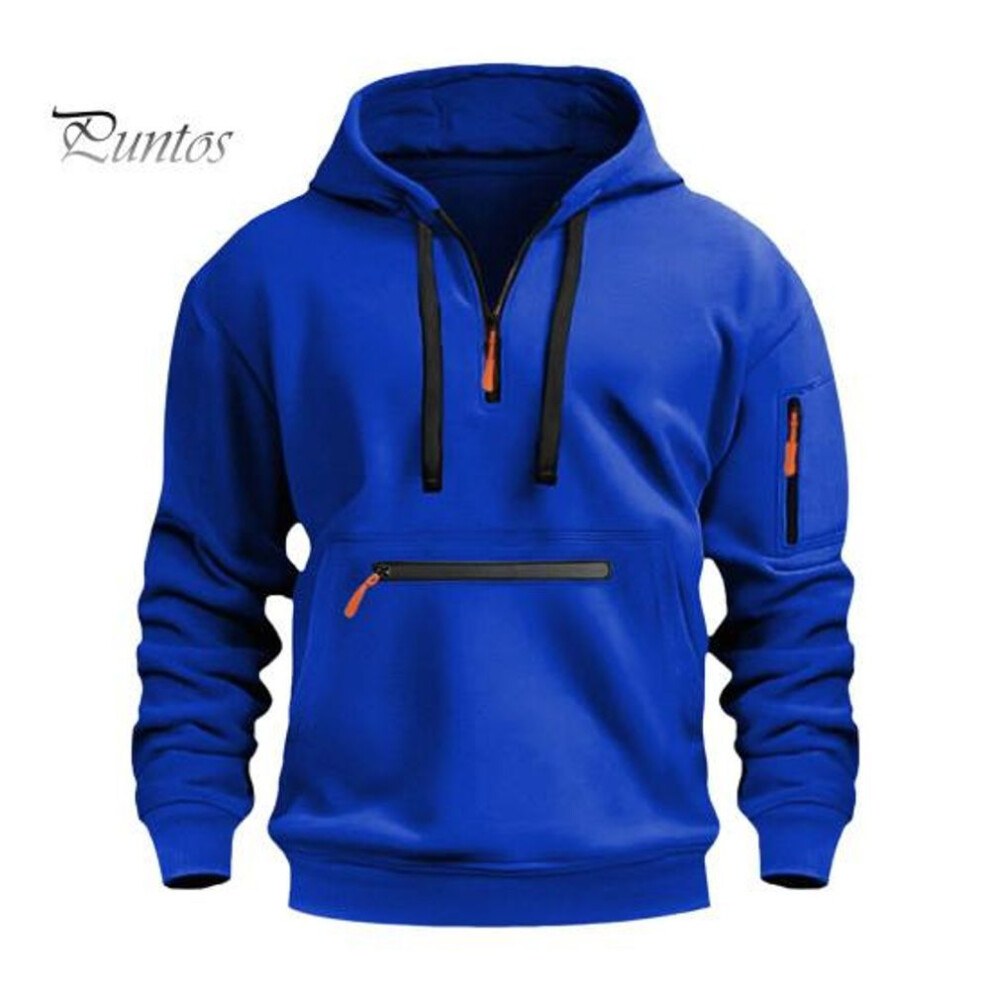 (royal blue, L) Fall Winter Men Hoodie Zipper Decor Loose Elastic Cuff Drawstring Warm Pullover Mid Length Hip Hop Solid Color Top For Sport Daily Wear