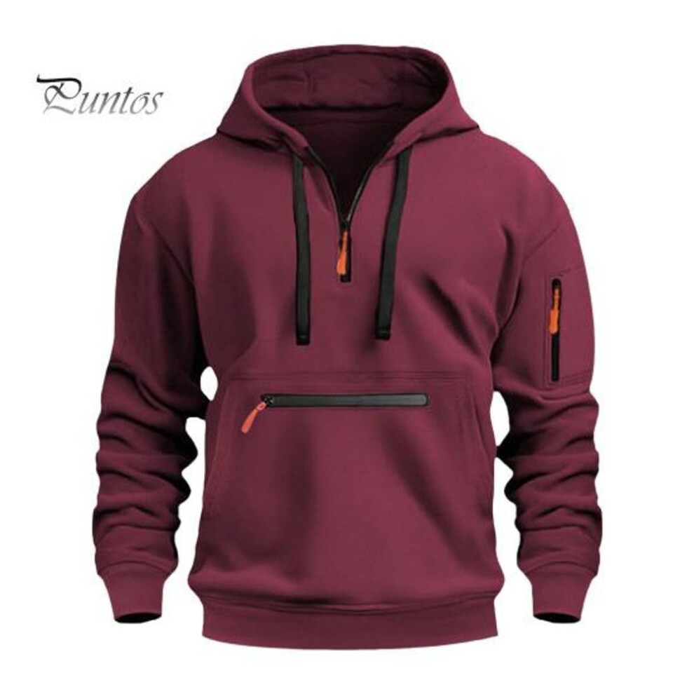 (wine red, L) Fall Winter Men Hoodie Zipper Decor Loose Elastic Cuff Drawstring Warm Pullover Mid Length Hip Hop Solid Color Top for Sport Daily Wear