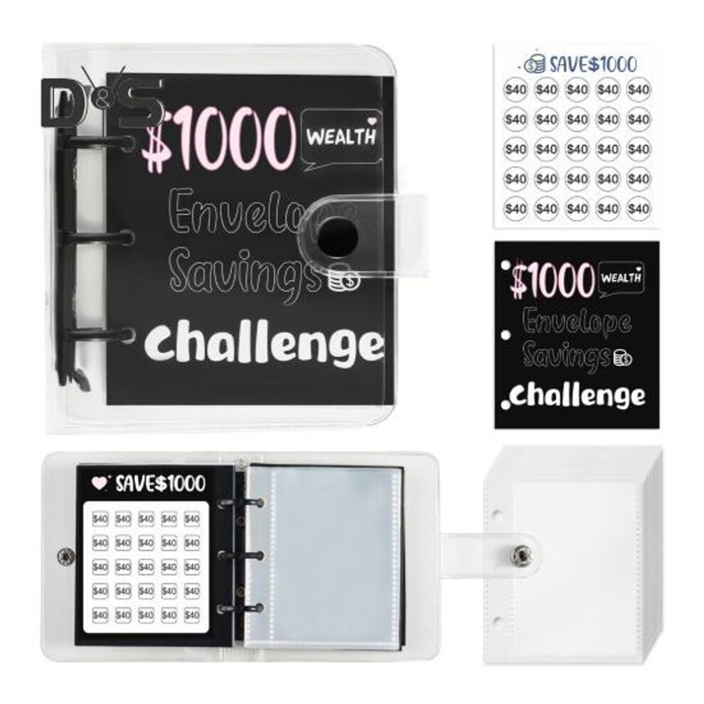 (black, D) 25 Envelopes Money Saving Challenge Binder Mini Cash Saving Budget Book To Save $150/300/500/1000 For Home Office School