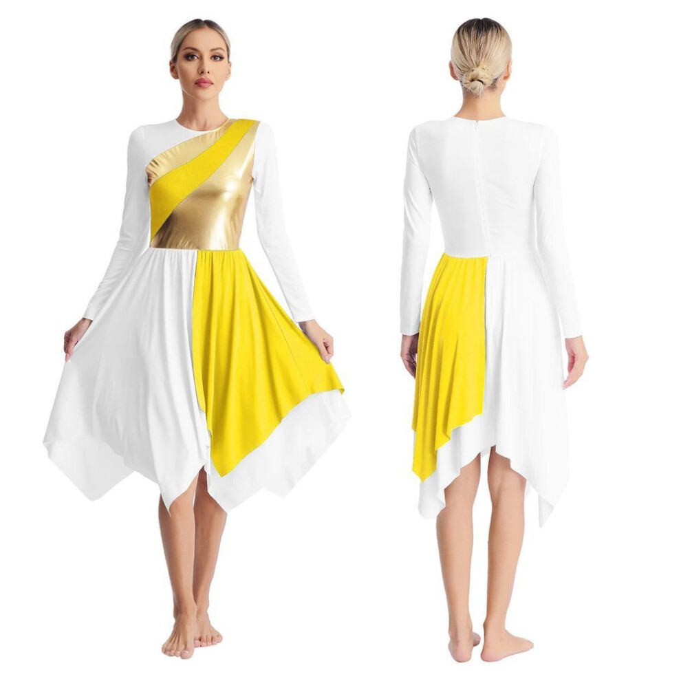(yellow, M) Womens Liturgical Lyrical Dance Dress Long Sleeve Metallic Contrast Color Asymmetrical Dresses Worship Performance Dancewear
