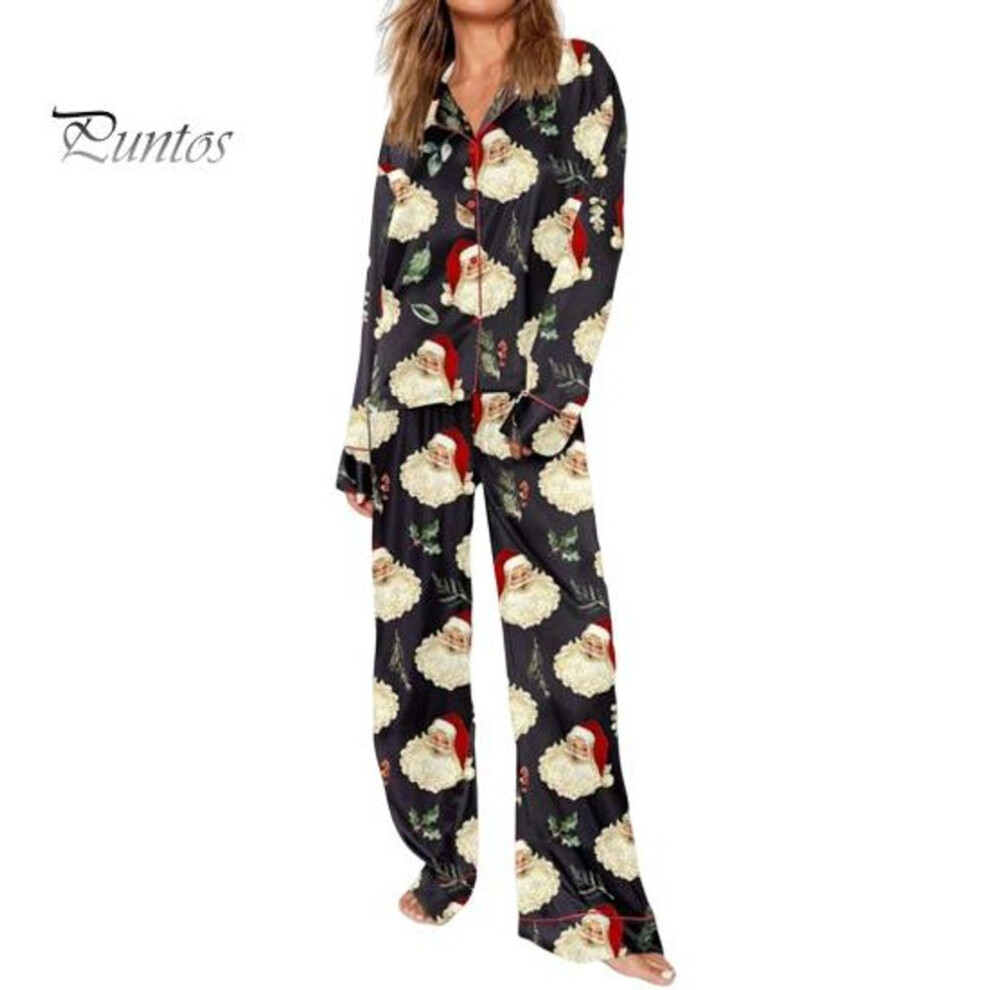 (XL, black) 2 Pcs/set Christmas Women Pajamas Suit Satin Santa Printing Lapel Long Sleeve Top Wide Leg Pants Sleepwear Casual Home Wear Clothes