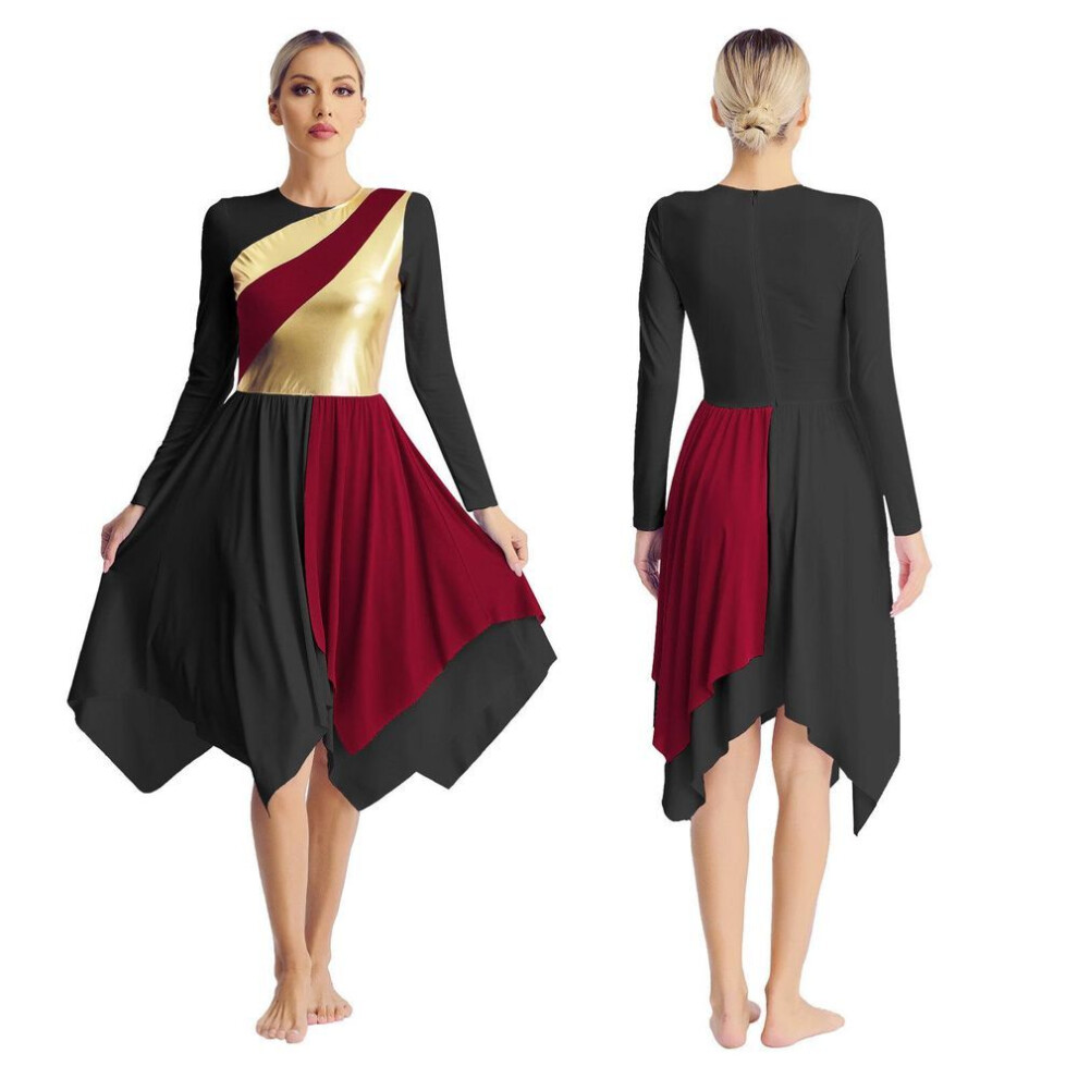 (burgundy,black, XL) Womens Liturgical Lyrical Dance Dress Long Sleeve Metallic Contrast Color Asymmetrical Dresses Worship Performance Dancewear