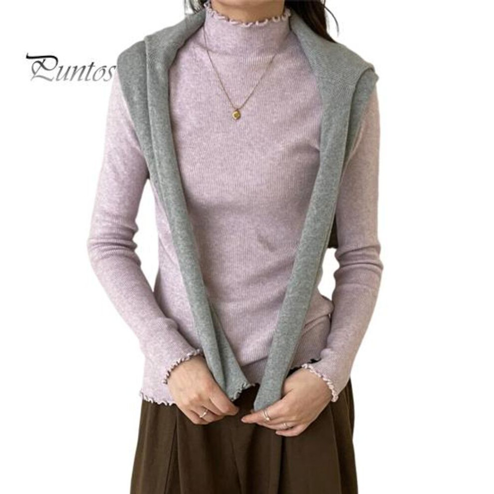 (purple) Knitting Tops Solid Color Half-High Collar Long Sleeve Sheer Trim Bottoming Tops Slim Fit High Elastic Basic Tops