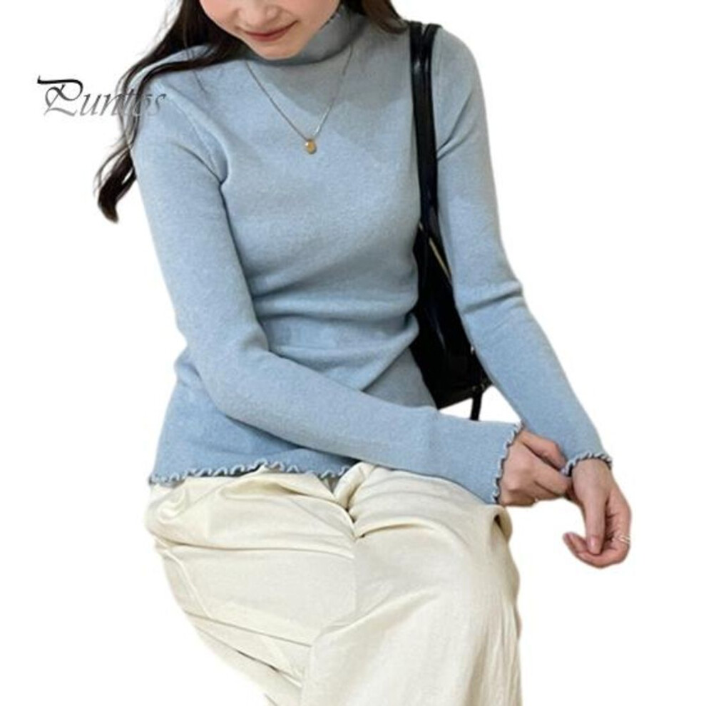 (light blue) Knitting Tops Solid Color Half-High Collar Long Sleeve Sheer Trim Bottoming Tops Slim Fit High Elastic Basic Tops