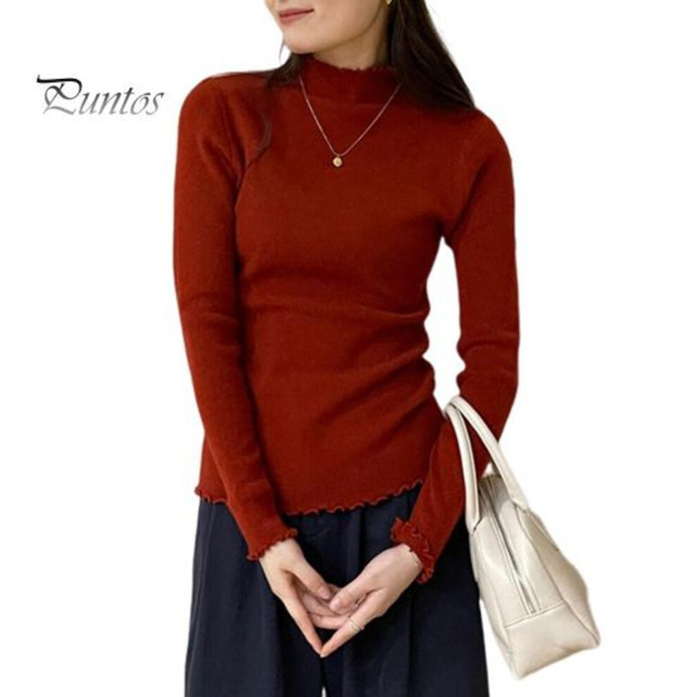 (red) Knitting Tops Solid Color Half-High Collar Long Sleeve Sheer Trim Bottoming Tops Slim Fit High Elastic Basic Tops