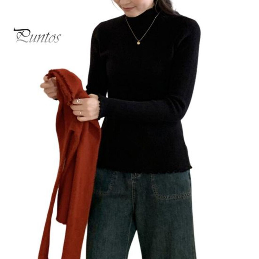 (black) Knitting Tops Solid Color Half-High Collar Long Sleeve Sheer Trim Bottoming Tops Slim Fit High Elastic Basic Tops