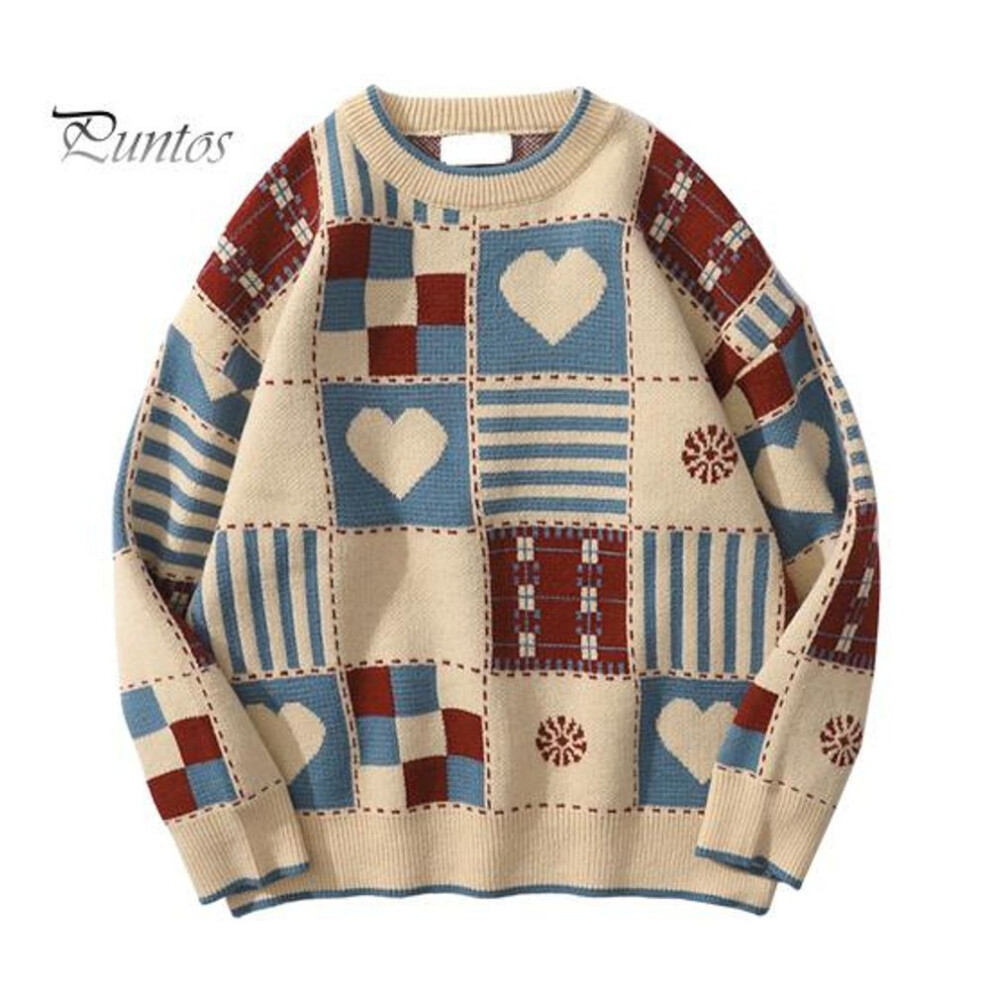 (apricot, M) Unisex Winter Sweater Plaid Printing Retro Style Round Neck Long Sleeves Multi Patterns Couple Knitted Sweater For Home School Commuting