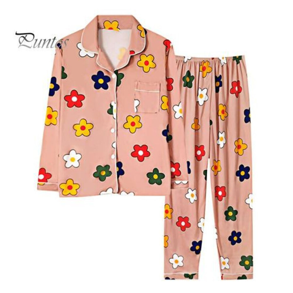 (XXL, pink) 2 Pcs/set Fall Spring Women Pajamas Suit Satin Colorful Cartoon Flower Printing Thin Pastoral Style Long Sleeve Top Wide Leg Pants Sleepwear Casual