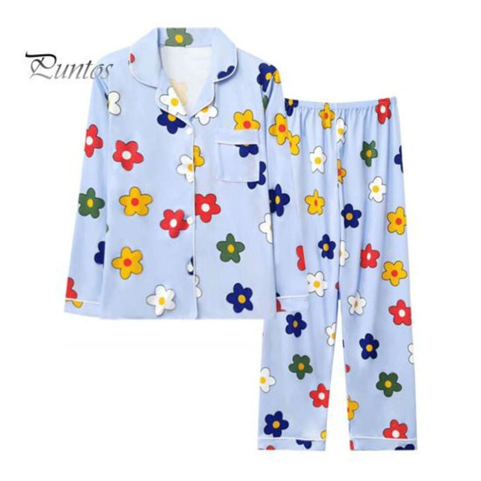 (L, blue) 2 Pcs/set Fall Spring Women Pajamas Suit Satin Colorful Cartoon Flower Printing Thin Pastoral Style Long Sleeve Top Wide Leg Pants Sleepwear Casual