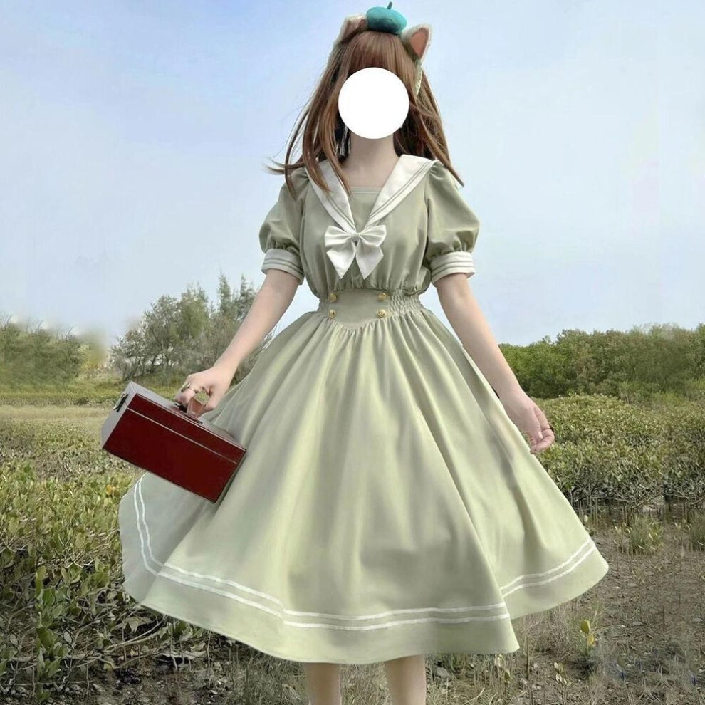 (green, L) Soft Sister Cute Lolita Dress Women Sweet Puff Sleeve Slim Student Dresses Party Retro Girls Bow Salior Collar Vestidos
