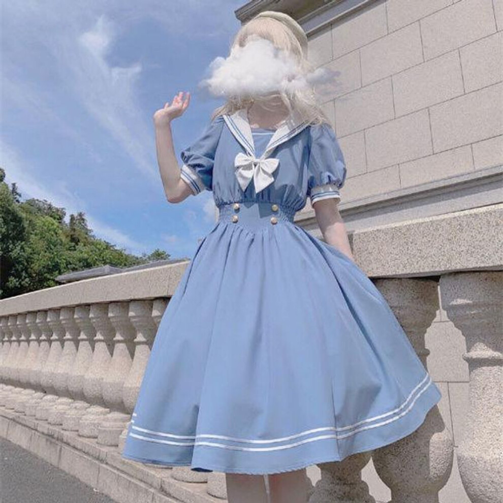 (blue, XS) Soft Sister Cute Lolita Dress Women Sweet Puff Sleeve Slim Student Dresses Party Retro Girls Bow Salior Collar Vestidos