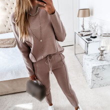 (Beige, 2XL) Ladies Wear Lounge Women 2 Piece Set Tracksuits High Neck Pyjamas Joggers Casual