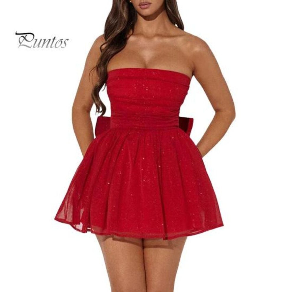 (red, L) Lady Prom Mini Dress A-line Big Swing Evening Dress With Bow Back Detail Off Shoulder Sleeveless Mesh Pleated Short Dress For Parties Weddings And