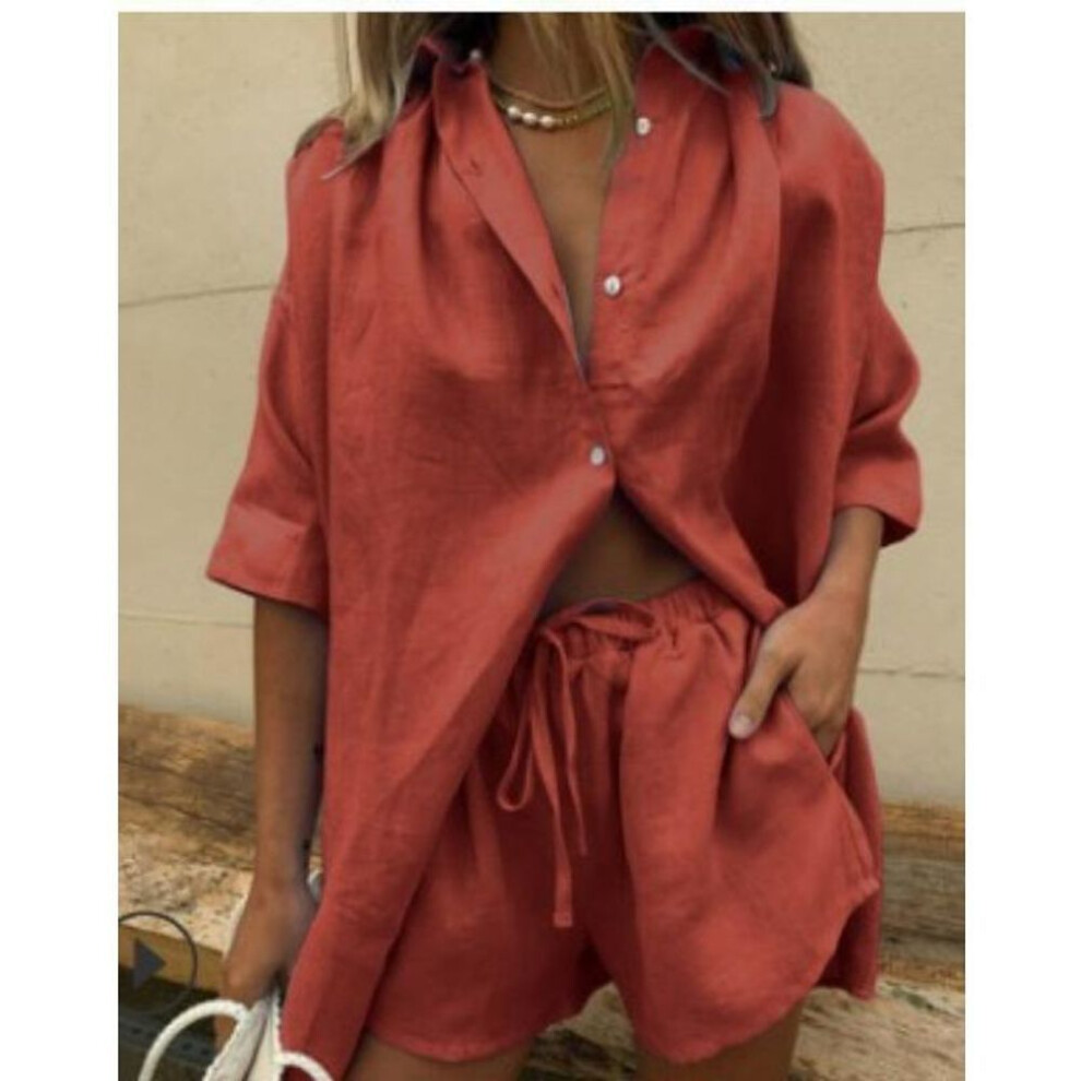 (red, M) Fashion Solid Shirt Home Suits Casual Short Sleeve Tops + Drawstring Shorts Two Piece Set 2025 Summer Women Button Loose Outfit