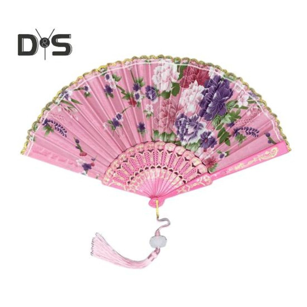(pink) Chinese Style Flower Folding Fan with Tassels Portable Summer Hand Held Cooling Fan Decoration Dance Performance Props Party Costume Accessories