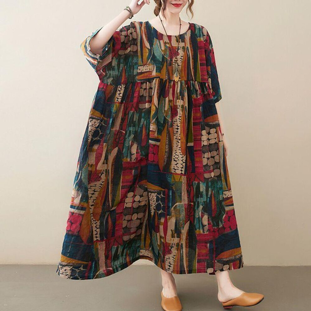 (as the picture, XXL) Plus Size Short Sleeve Vintage Print Summer Long Dresses For Women Casual Loose Holiday Ladies Elegant Dress