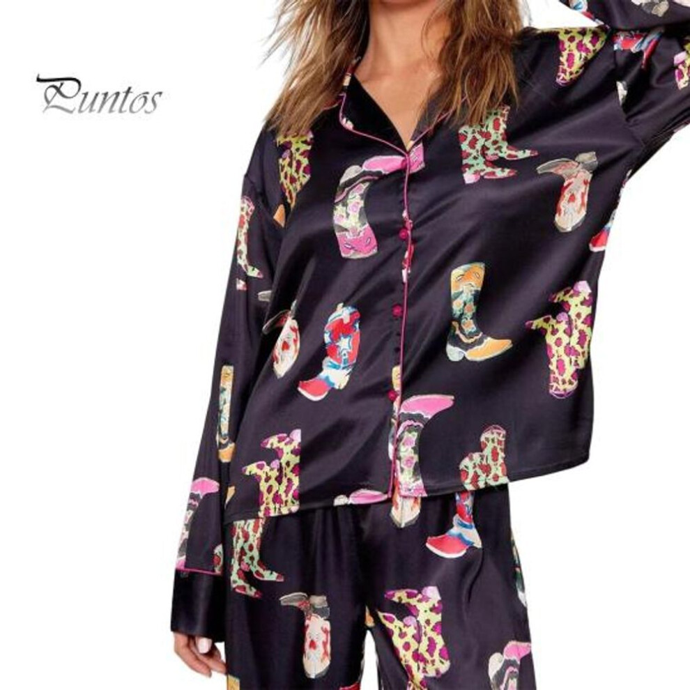 (L, pink) 2 Pcs/set Fall Winter Women Pajamas Suit Satin Colorful Printing Lapel Long Sleeve Top Wide Leg Pants Sleepwear Casual Home Wear Clothes