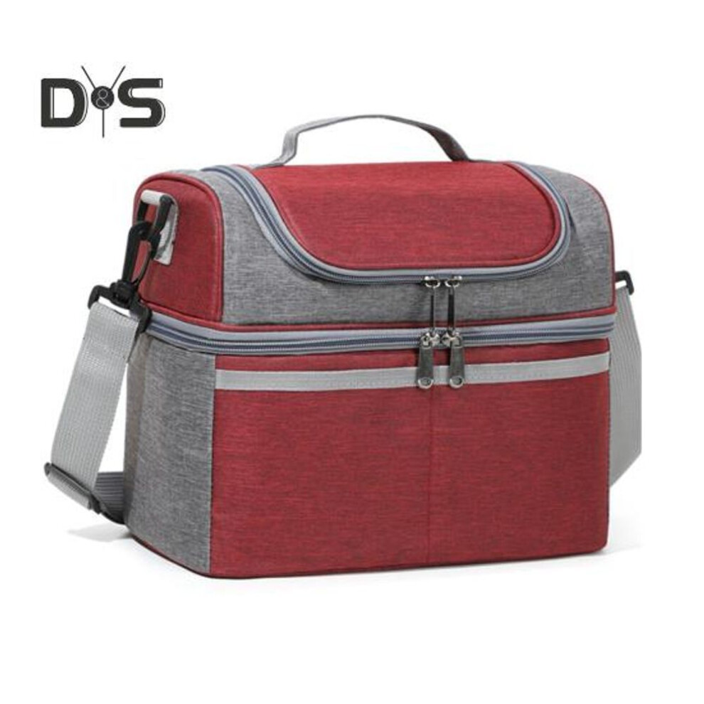 (wine red) Insulated Lunch Bag Double Deck Lunch Tote Large Leakproof Expandable Lunch Box Reusable Tote Cooler Bag With Pocket For Work Picnic Outdoor