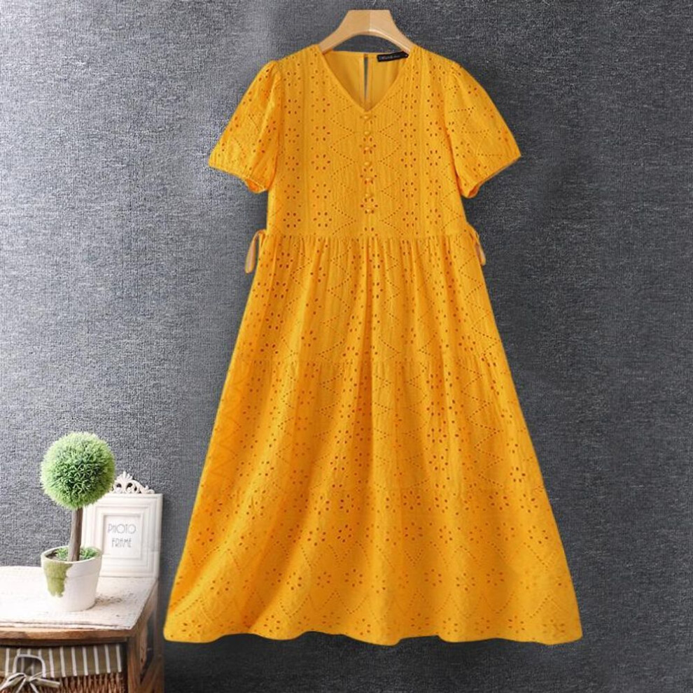 (yellow, M) ZANZEA Women Hollow Crochet Lace Summer Short Sleeve Dress