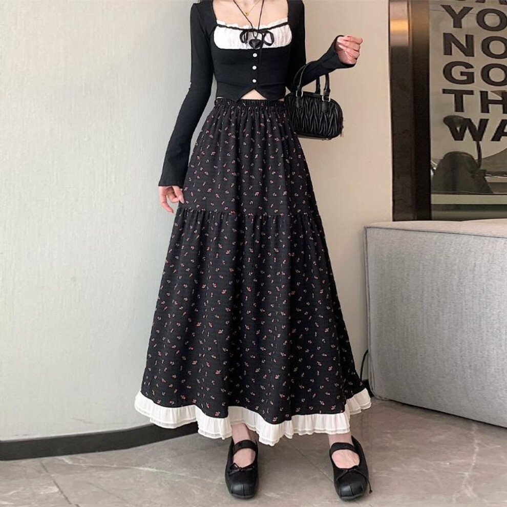 (S, black) White Floral Skirt Women High Waist Summer Mid-length Design Niche Long Skirt Irregular Fairy Skirts