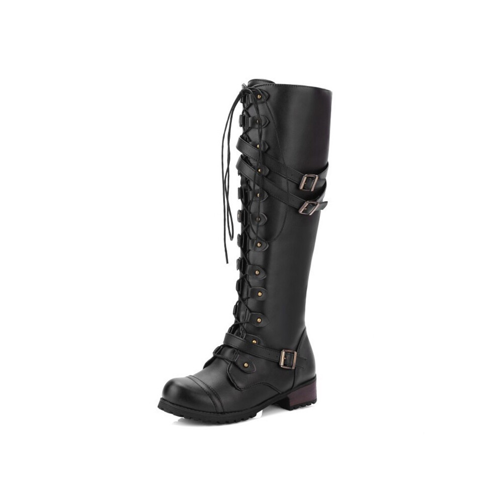 (Black, EU41=Foot Length25.5cm) High Womens Knee Lace Up Buckle Fashion Military Combat Puleather Riding Boots