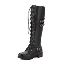 (Black, EU38=Foot Length24cm) High Womens Knee Lace Up Buckle Fashion Military Combat Puleather Riding Boots