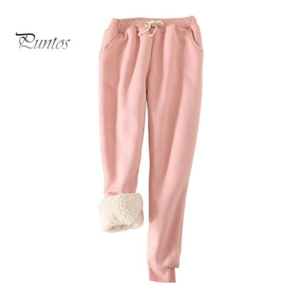 (pink, XXL) Women Jogger Pants Elastic Waist Adjustable Drawstring Harem Pants Solid Color Thickened Velvet Lining Casual Slim Leg Sweatpants