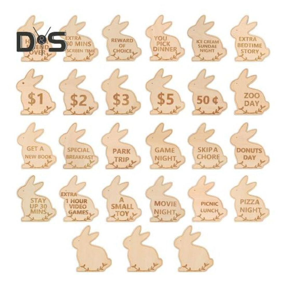 (as the picture, Rabbit) 27 Pcs Easter Egg Tokens for Kids Family Easter Egg Basket Fillers Wooden Redeemable Reward Tokens with Engraved Sayings for Easter Egg Hunt Party