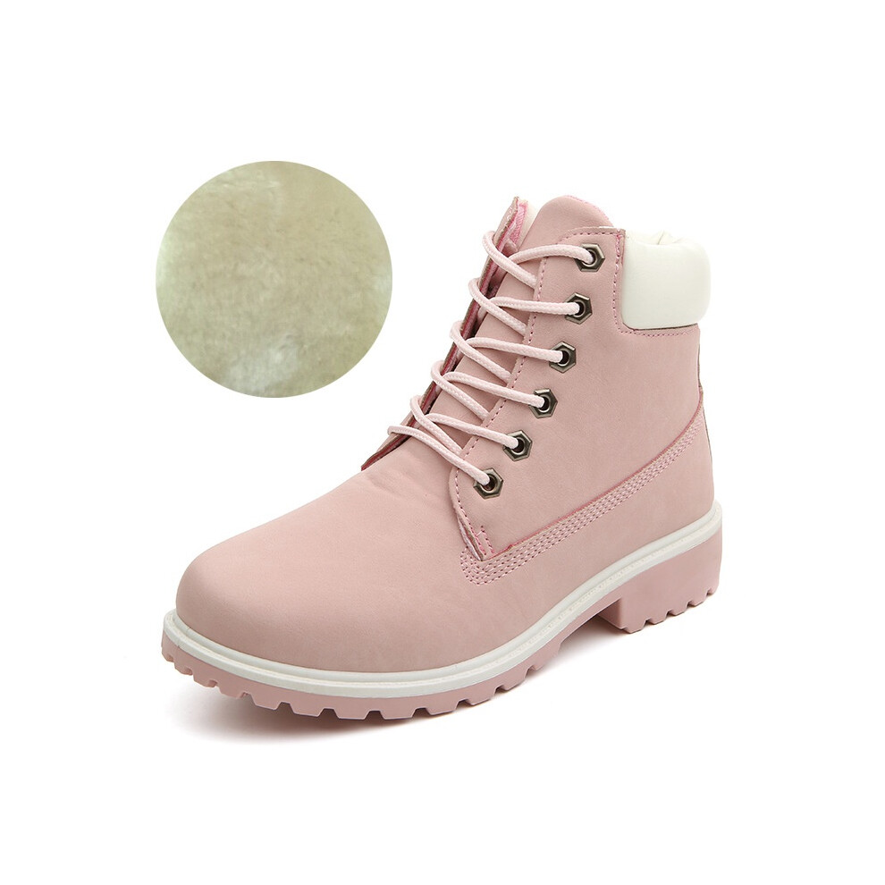(Pink, EU38=Foot Length24cm) Womens New Fashion Work Boots Pu Leather Boot Lace Up Outdoor Waterproof Shoes