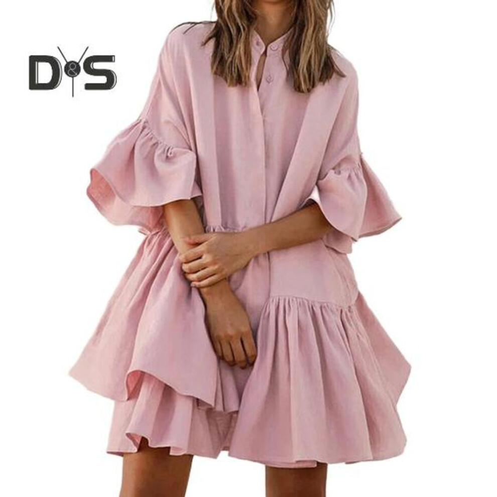 (pink, S) Women's Tiered Babydoll Dress Ruffle Sleeve Pleated Dress Summer Casual Loose Mid-length Swing Mini Dress For Daily Life Beach Parties