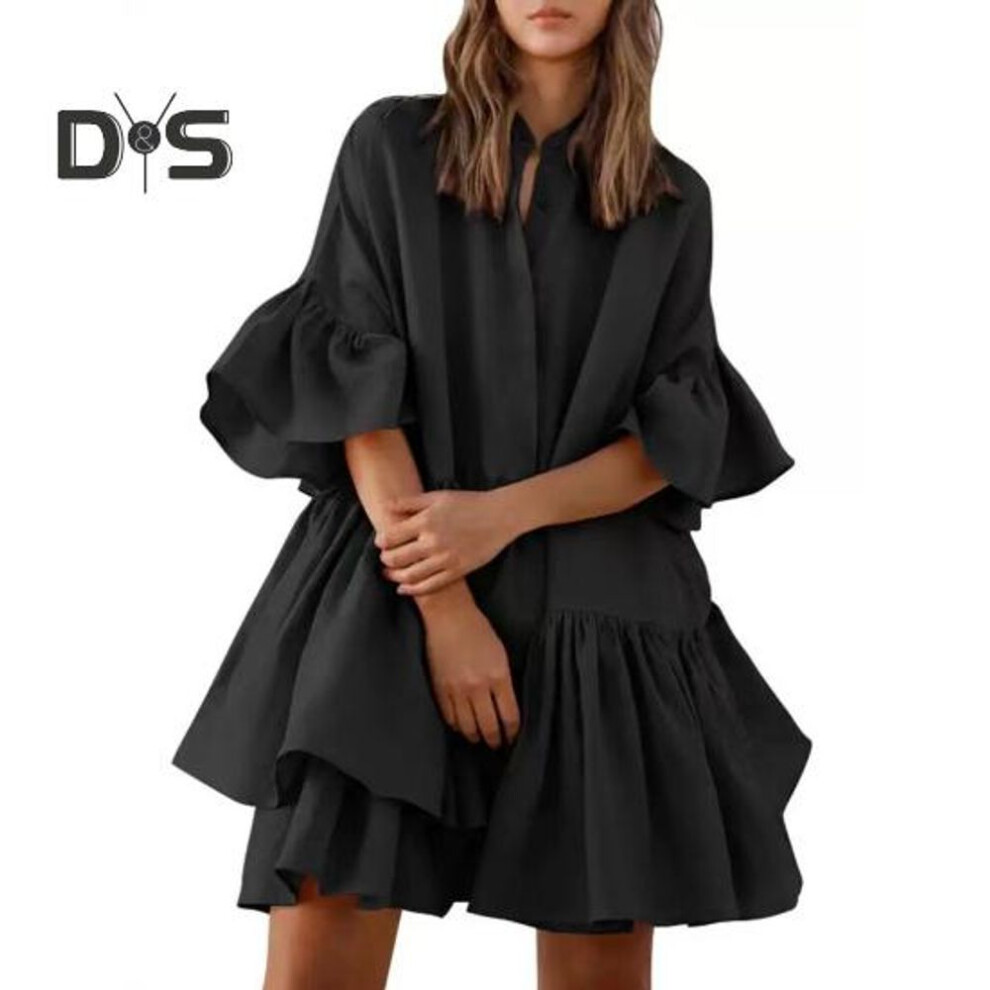 (black, S) Women's Tiered Babydoll Dress Ruffle Sleeve Pleated Dress Summer Casual Loose Mid-Length Swing Mini Dress for Daily Life Beach Parties