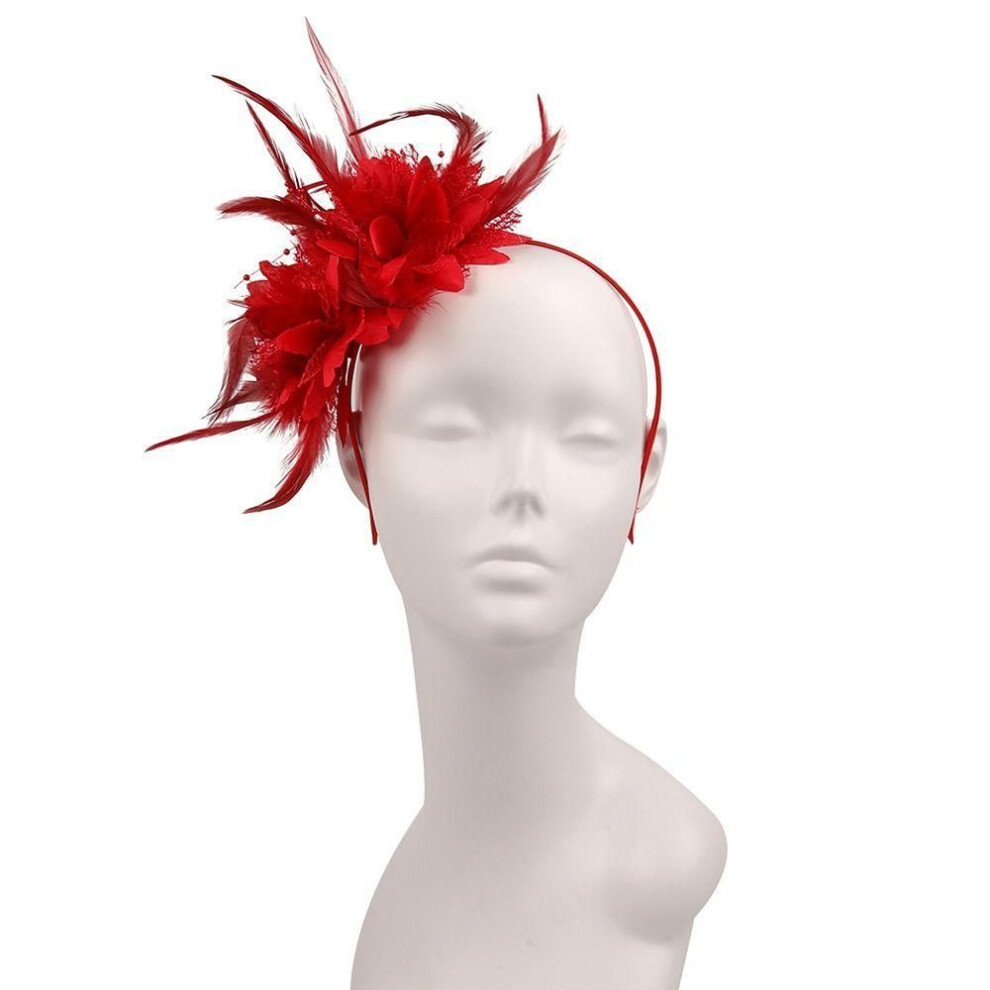(red) Party Women Mesh Fascinator Hat Headband Hair Accessories Feather