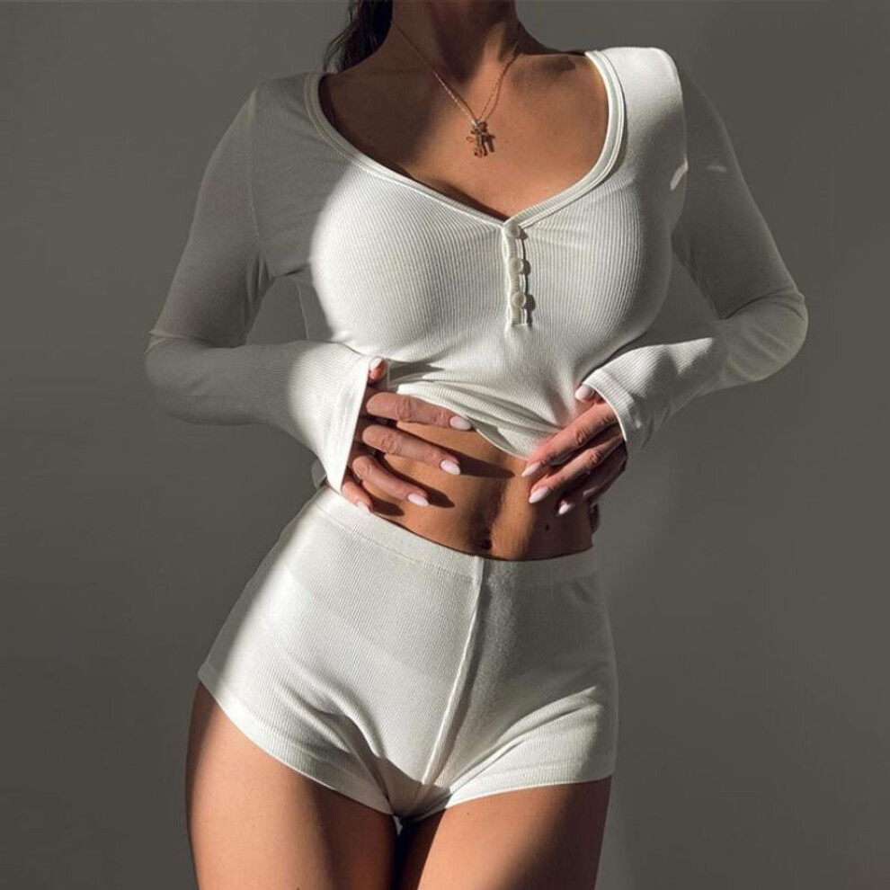 (L, white) Women 2 Piece Pajamas Sets Bodycon Shorts +long Sleeve V Neck Button Down Cropped Tops Sexy Y2k Set Loungewear
