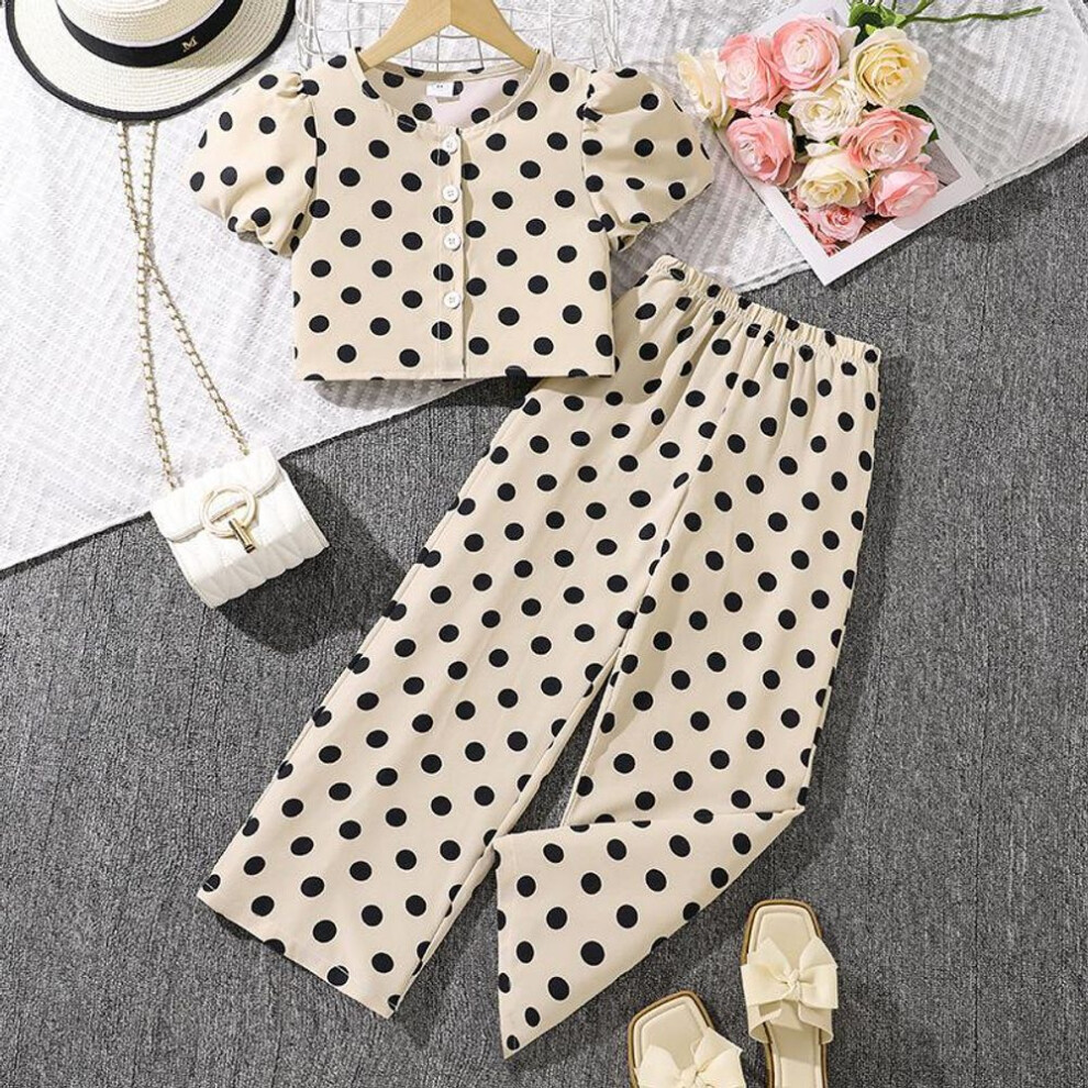 (white, 170cm/12Y) 7-12y Children's Clothing Girls Polka Dot Suit Summer New Children's Casual Short-sleeved Top + Wide Leg Trousers 2pcs