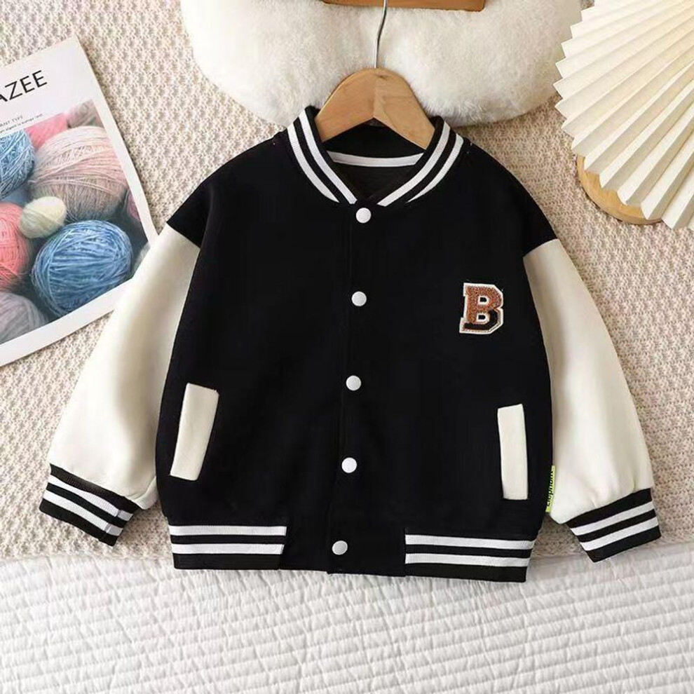 (black, 140cm) Boys Baseball Jacket Baby Letter Round Collar Coat Spring Autumn Girls Fashion Casual Sports Outerwear 12M-12 Years Old