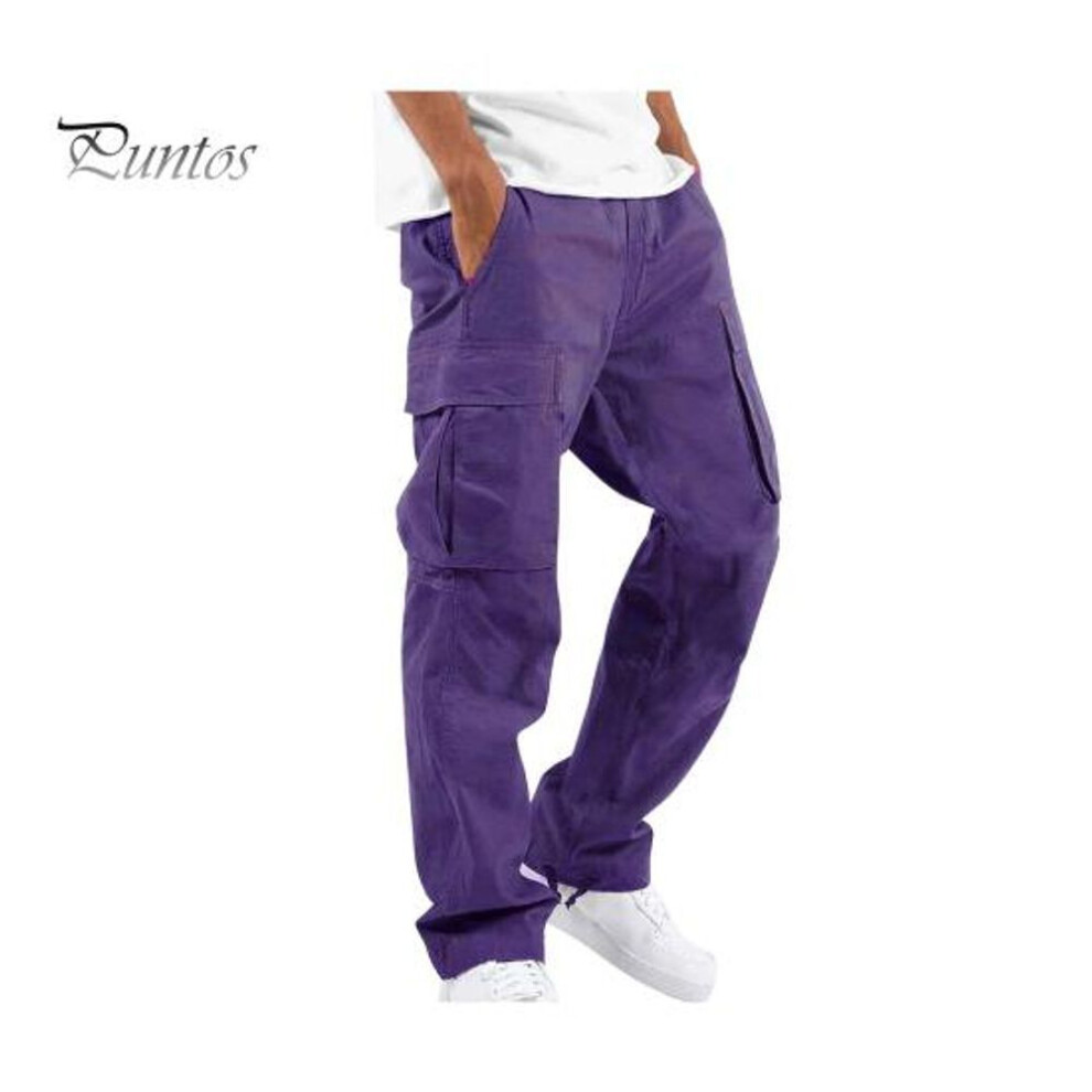 (purple, XXXL) Men Cargo Pants Multi Pockets Drawstring Elastic Waist Adjustable Leg Plus Size Loose Solid Color Gym Outdoor Long Harem Trousers