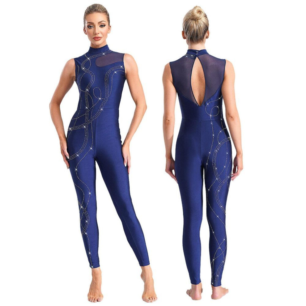 (M, navy blue) Women's One Piece Gymnastics Unitard Shiny Rhinestone Jumpsuit Sheer Mesh Patchwork Bodysuit