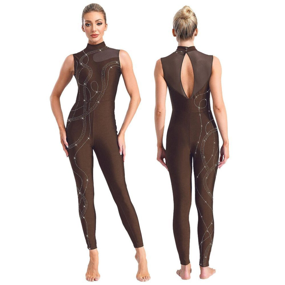 (XXL, brown) Women's One Piece Gymnastics Unitard Shiny Rhinestone Jumpsuit Sheer Mesh Patchwork Bodysuit