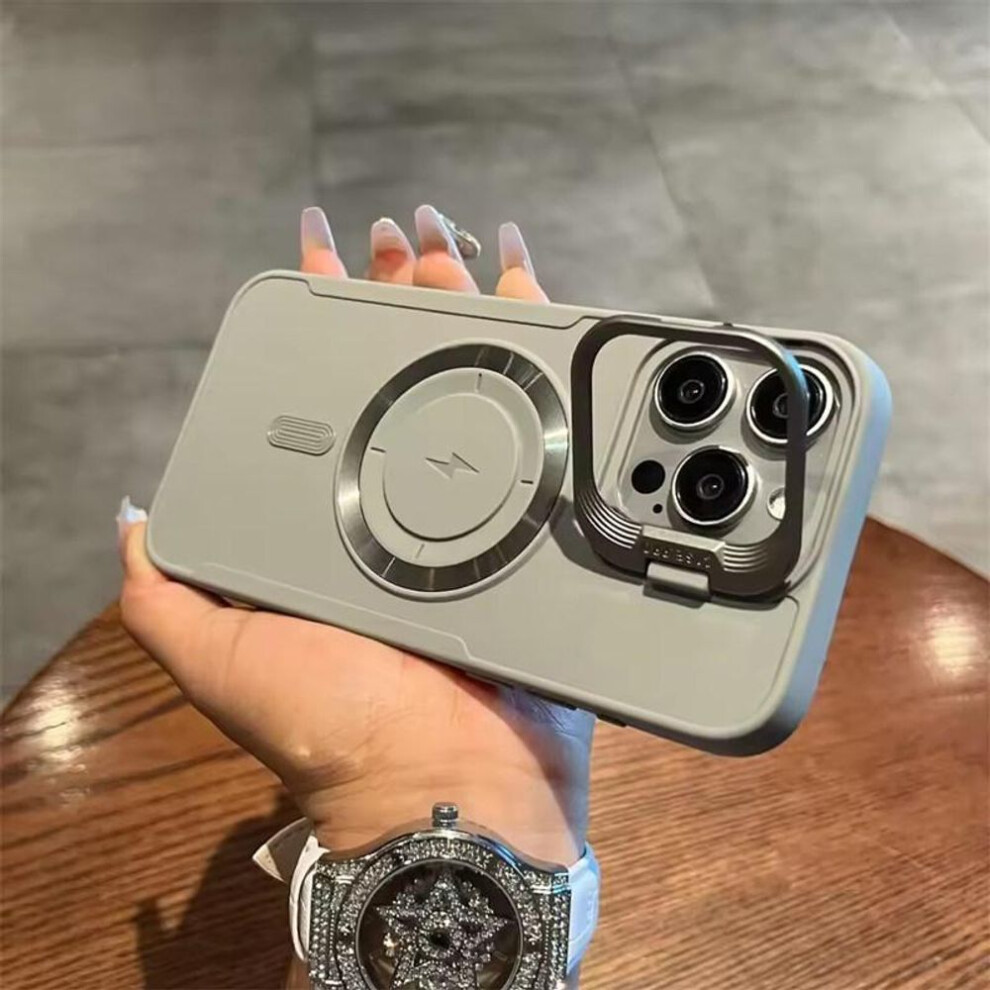 (grey, iPhone 15 Pro) Luxury Flip Up Lens Holder Magnetic Case For Iphone 16 Promax 14 15 11 12 13 Pro Max 16 Plus Magsafe Charge Silicone Soft Cover