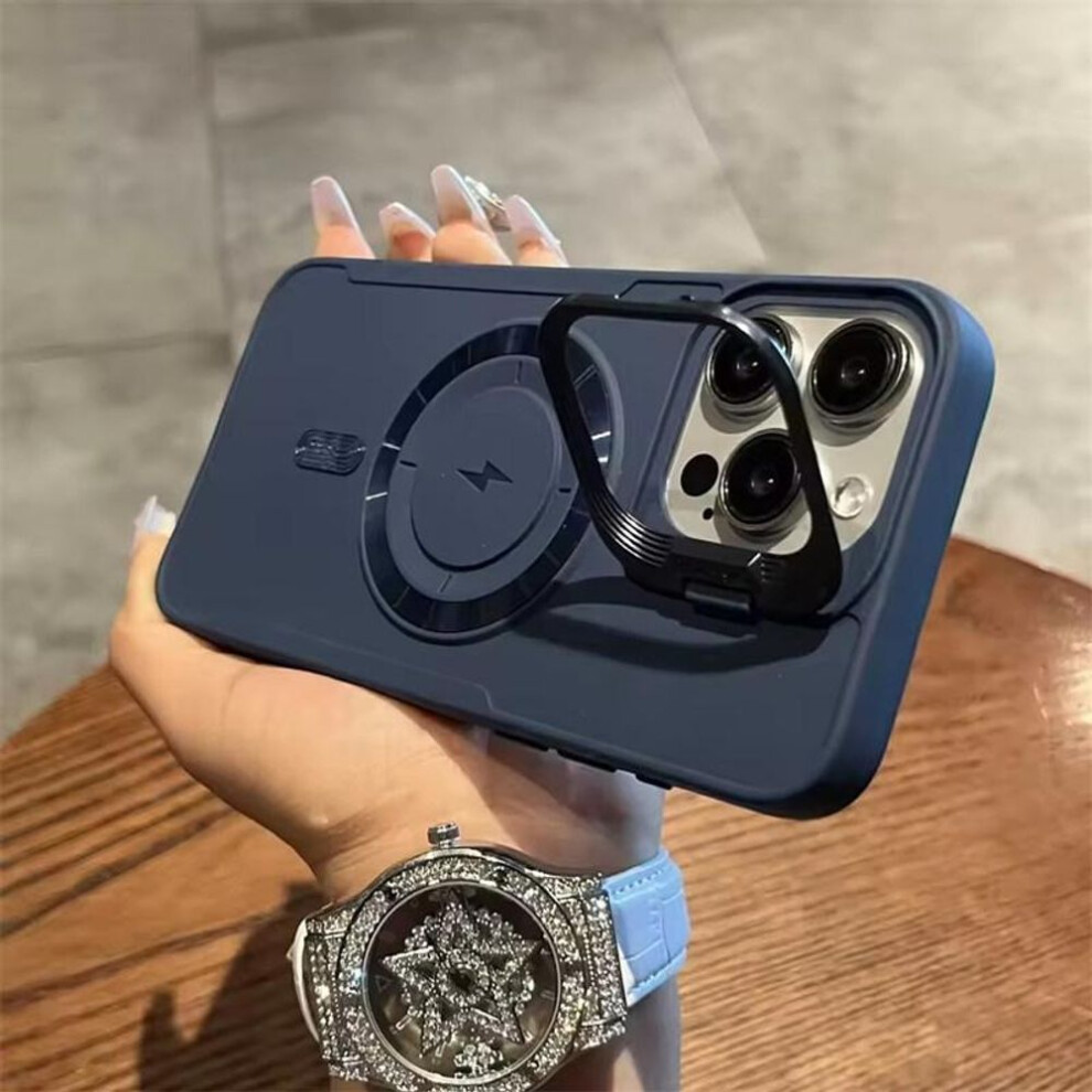 (blue, iPhone 15) Luxury Flip Up Lens Holder Magnetic Case For Iphone 16 Promax 14 15 11 12 13 Pro Max 16 Plus Magsafe Charge Silicone Soft Cover
