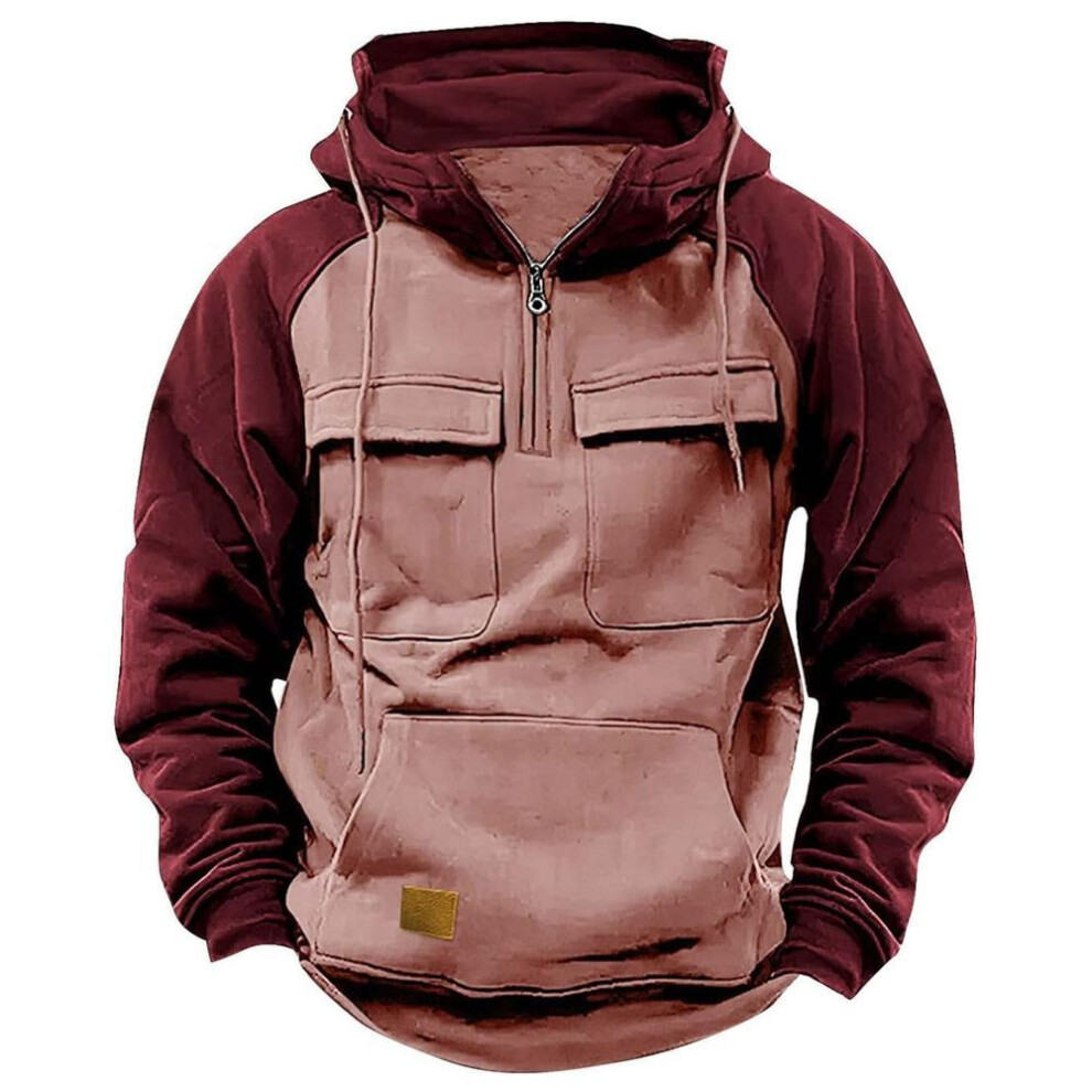 (pink, XL) Mens Hoodie Long Sleeve Casual Pullover Tops Color Block Hooded Sweatshirts Autumn Loose Hoodies With Pockets Streetwear