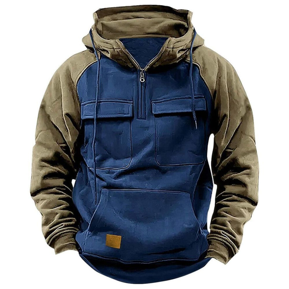 (blue, M) Mens Hoodie Long Sleeve Casual Pullover Tops Color Block Hooded Sweatshirts Autumn Loose Hoodies With Pockets Streetwear