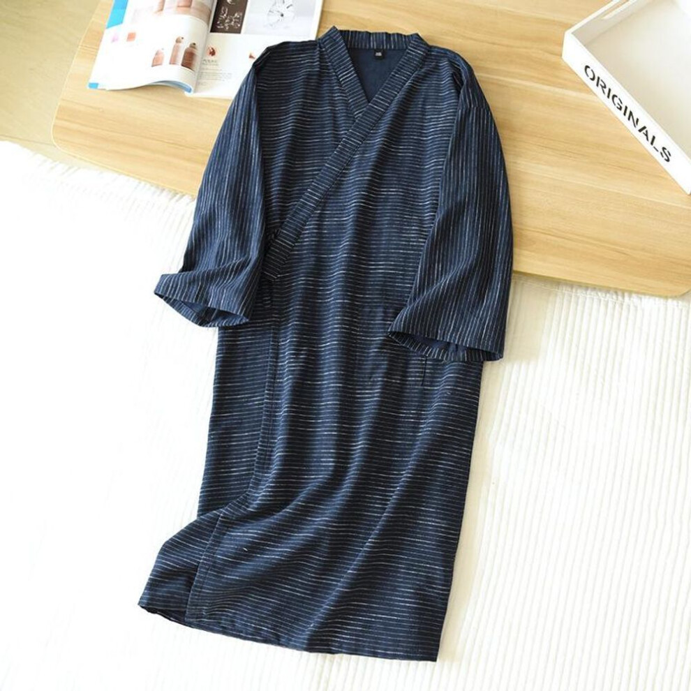 (XL, navy blue) Spring And Summer New Style Japanese Kimono Men's Bathrobe 100%cotton Striped Nightgown Plus Size Yukata Home Sweat Steaming Set