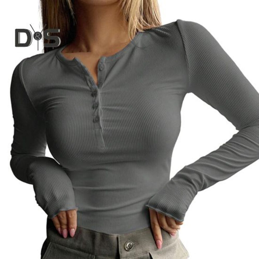 (S, grey) Women Fall Spring Top O Neck Button Long Sleeve Slim Fit Pullover Thread Solid Color Soft Breathable Elastic Simple Style Lady T Shirt Blouse