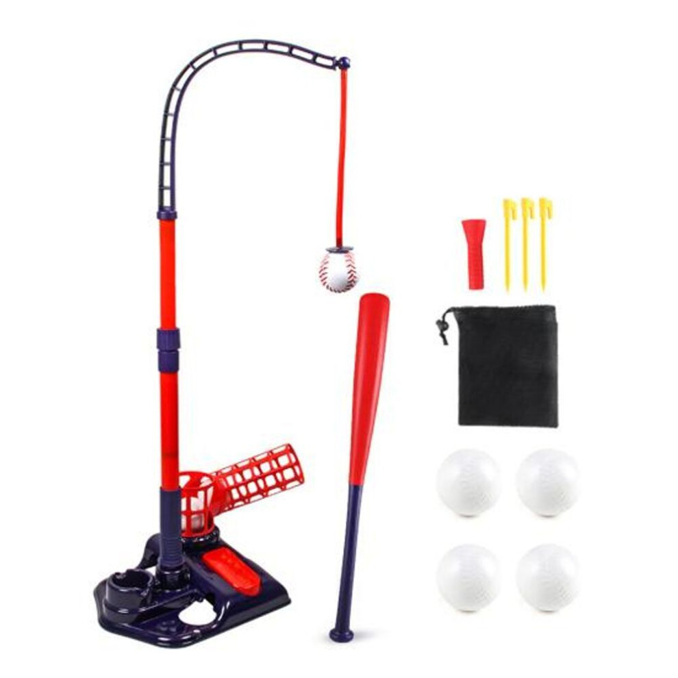(blue) 3-In-1 Baseball Tee Set with Pitching Machine Retractable Bat 6 Balls Adjustable Height Indoor Outdoor Sport Toy for Kids Age 3-12