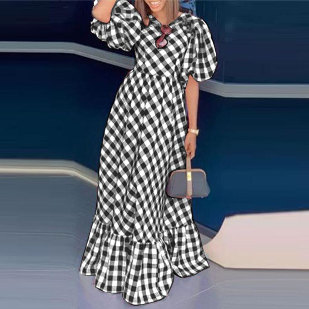 (black, M) VONDA Women Round Neck Plaid Puff Short Sleeve Ruffle Dresses